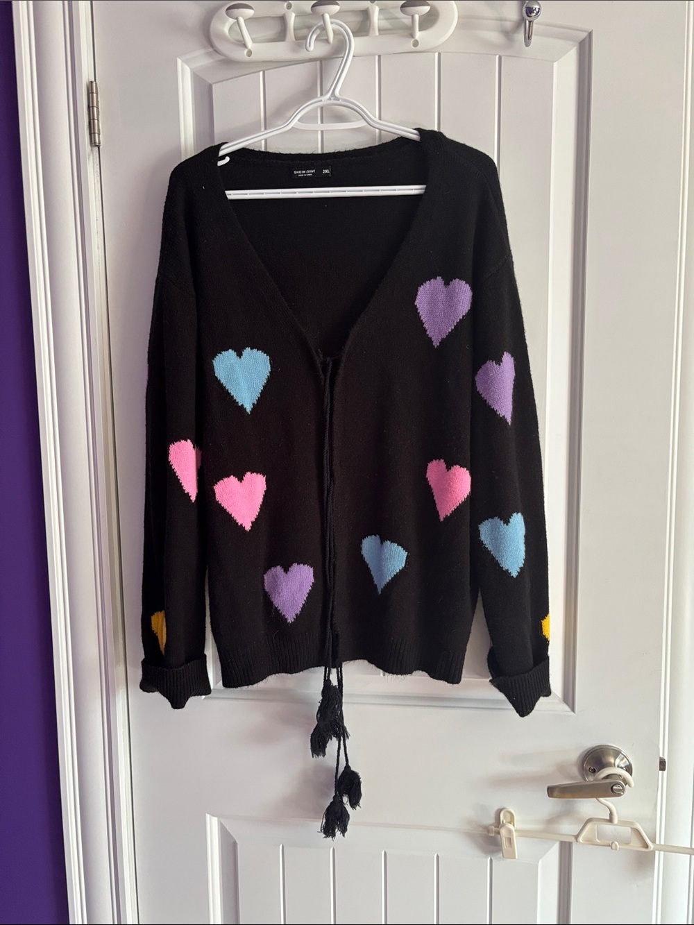 SHEIN Black Cardigan with Pink Purple Blue Heart Motif